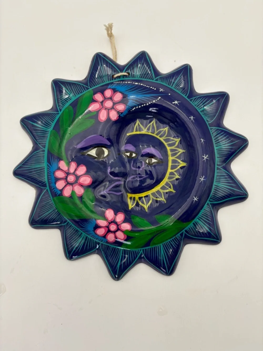 Hand-Painted Terracotta Sun & Moon Wall Plaque - Deep Blue with Pink Flowers